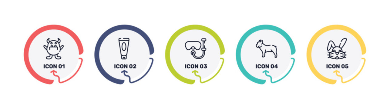 bunnies avatars outline icon set featuring monster, sun lotion, snorkel, bulldog icons.