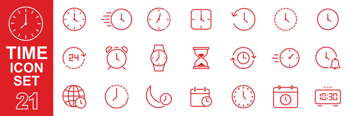 Time icons set. Time and clock icons in line style. Editable web icons timer, watch, speed, calendar, alarm clock, date and time management.  © HIKESTUDIO 7