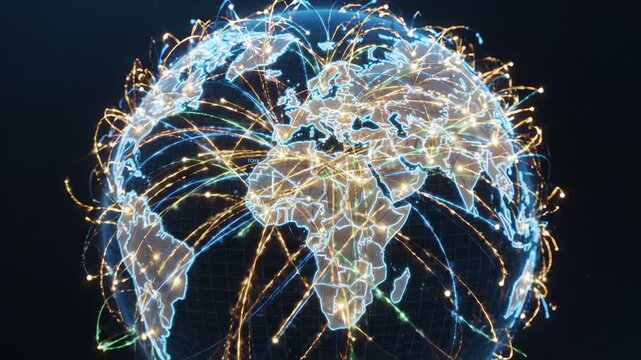 Abstract digital animation of glowing connection lines moving across a stylized world map symbolizing modern economic partnerships and trade routes