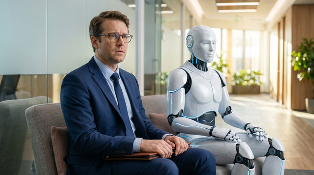 A thoughtful man in a business suit and a sleek humanoid robot sit side-by-side in a modern corporate waiting room, patiently waiting for a job interview.