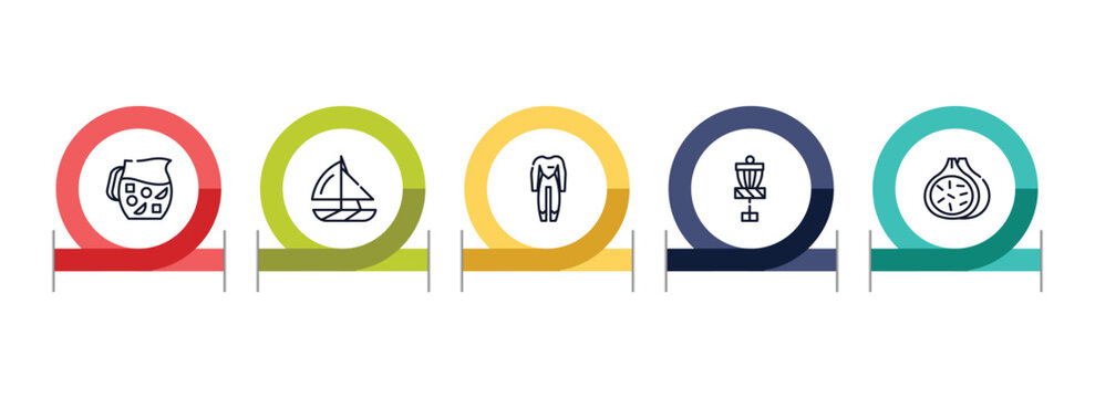 summer outline icon set featuring sangria, yatch boat, wetsuit, disc golf icons.