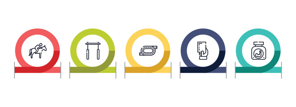 active lifestyle outline icon set featuring horse riding, horizontal bar, race track, yellow card icons.