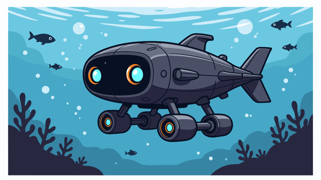 Cartoon style underwater robot exploring ocean depths with fish  