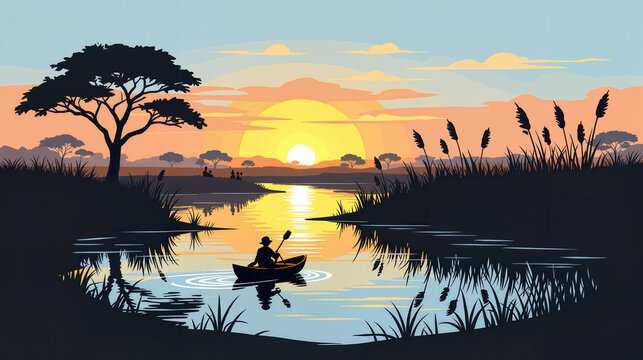 Sunset canoeing scene with silhouette of paddler on calm water  