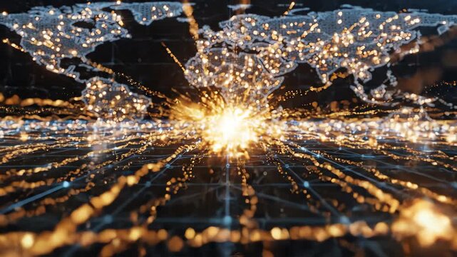 Abstract motion graphics of glowing golden light particles flowing through a digital network grid representing global economic connectivity and monetary flow