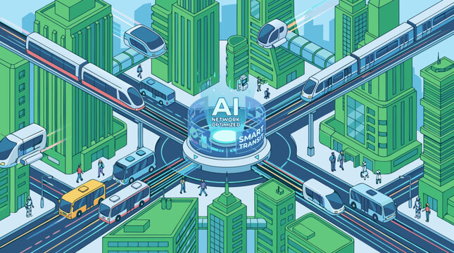 Detailed isometric vector layout of a futuristic smart city intersection with green buildings, electric monorail, and autonomous vehicles regulated by a central traffic AI.
