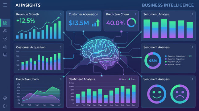 Dark interface template vector showing an advanced business intelligence dashboard filled with data graphs, financial metrics, and a glowing digital brain core analyze.