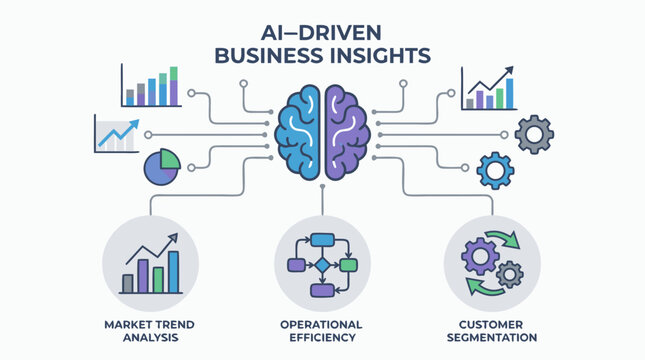 Graphic vector template of an AI driven business insights mind map linking automated analytics, target demographics, financial milestones, and strategic scaling options.