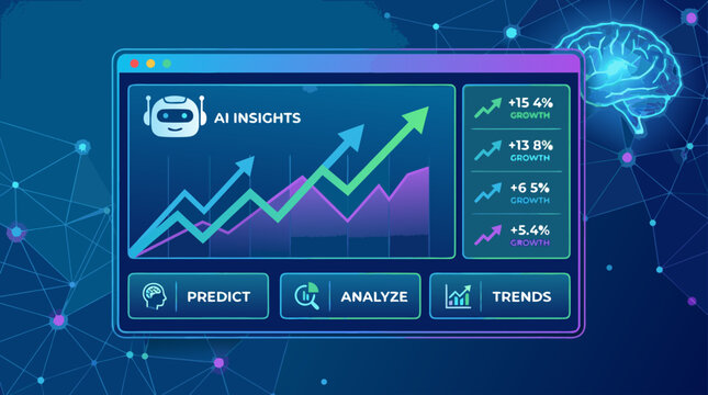Dark themed vector screen template showing stock market upward trend charts, green profit lines, and automated AI financial forecasting algorithms running data analysis.
