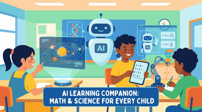 Cute flat vector graphic showing school kids happily studying mathematics and physics equations on a whiteboard guided by a friendly AI learning companion robot.