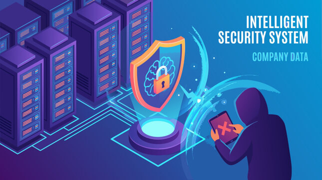 Isometric server farm illustration showing a prominent neon security lock shield icon guarding high value database mainframes against industrial cyber espionage.