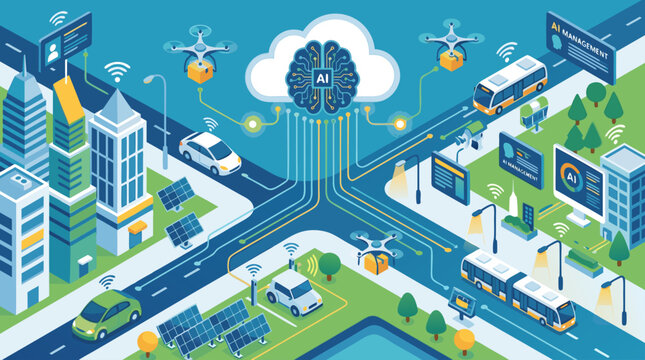 Isometric vector layout mapping connected electric delivery vans and hybrid transit systems navigating an eco-conscious green smart city powered by sustainable AI.
