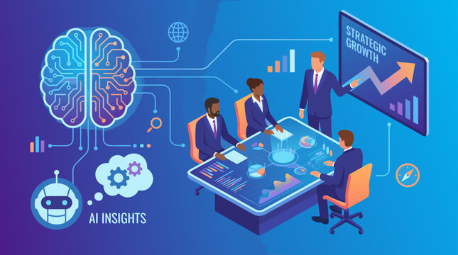 Professional corporate vector illustration depicting board members analyzing business growth metrics and market share charts on a large digital brain projector map.