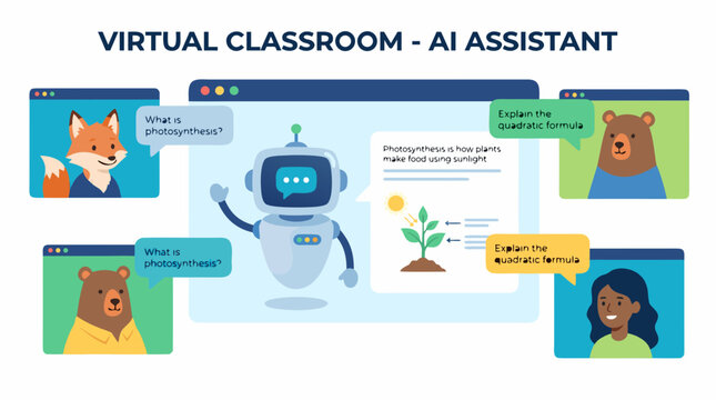 Isometric vector illustration showing an online learning platform with a robotic tutor assistant guiding animals and students through educational modules and science trees.