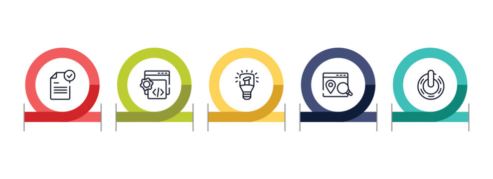 business pack outline icon set featuring file submit, custom coding, light modern lamp tool, place optimizer icons.