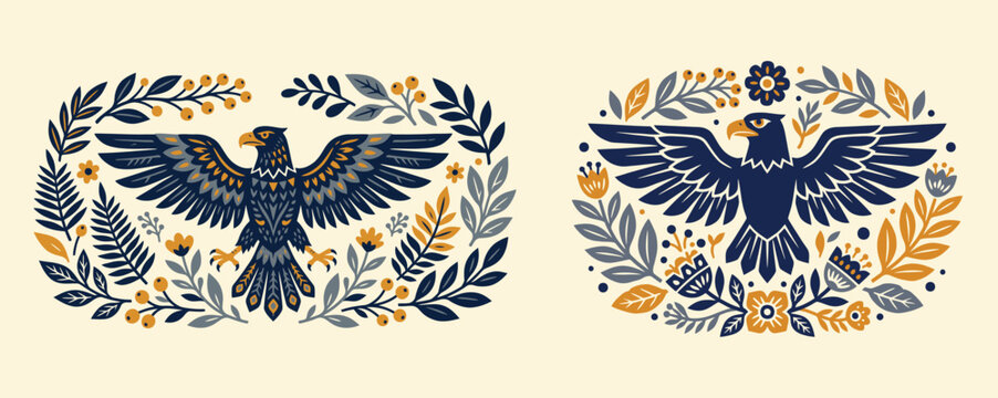 Set of minimalist flat vector illustrations featuring a stylized rustic eagle surrounded by abstract botanical branches and flowers in a modern folk art linocut style.