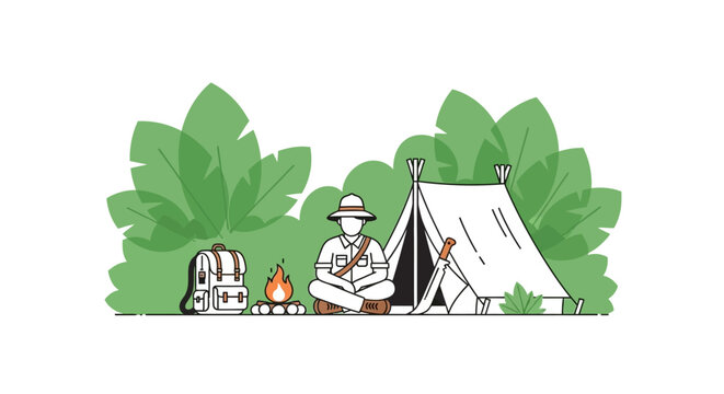 Adventurer resting by campfire next to tent, jungle foliage background