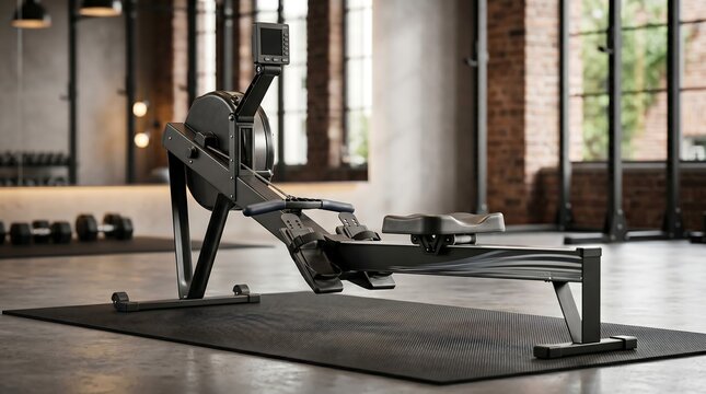 Rowing machine, fitness equipment, gym interior, exercise room, workout space