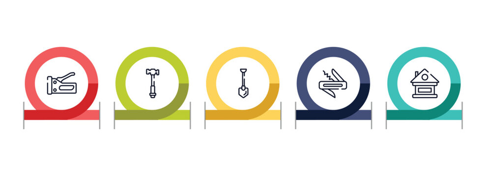 construction outline icon set featuring big stapler, hammer facinf left, long shovel, jackknife icons.