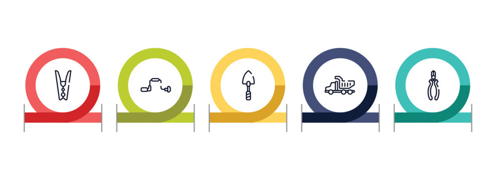 tools and hinery outline icon set featuring clothespin, brace, garden trowel, tipper truck icons.