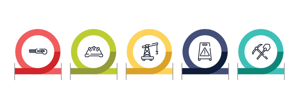tools outline icon set featuring null, iron helmet, small crane, wet floor icons.