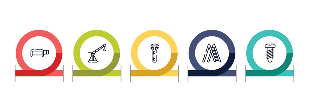 building outline icon set featuring hacksaw with handle, davit, sliding scale, ladder open icons.