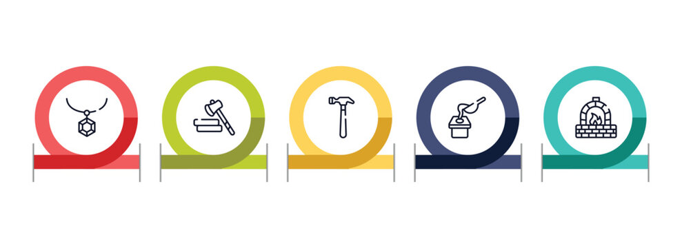 mining and crafting outline icon set featuring rhinestone, lumberjack, hammering, crucible icons.
