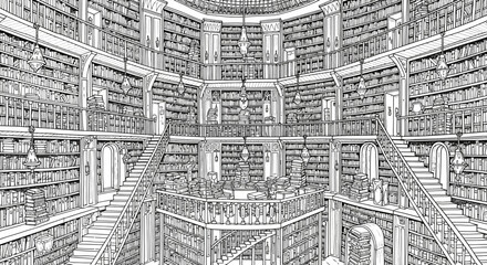 Obraz premium A large library with many bookshelves and staircases drawn in perspective