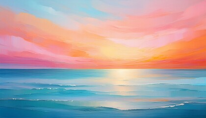 Fototapeta premium Soft Pastel Abstract Painting Of A Sunrise Horizon With Layered Pink Orange And Blue Brushstrokes Suggesting Sea And Sky