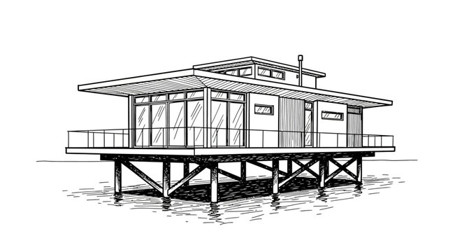A detailed illustration of a modern house on stilts over water with large windows