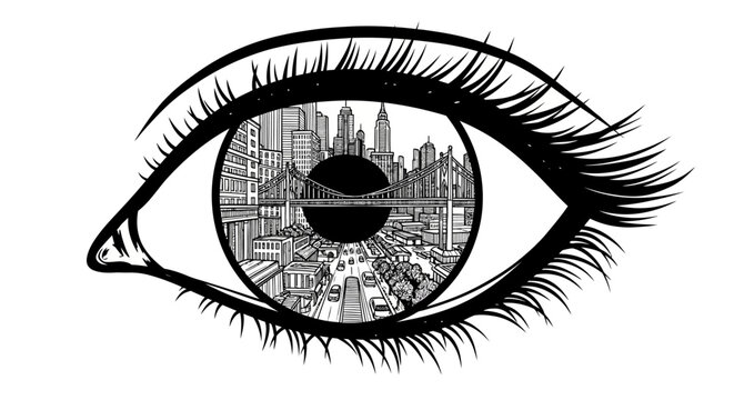 Close-up of an eye with cityscape reflected in the iris