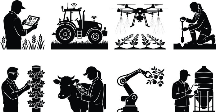 Smart farming and agritech silhouettes collection showcasing modern agriculture technology automation drones robotics and innovative agribusiness icons