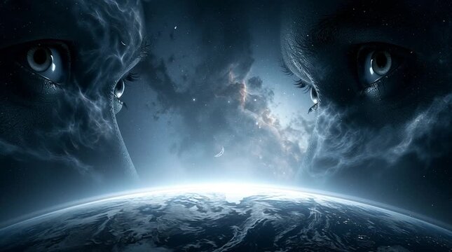 Colossal silhouettes observing Earth from deep space, subtle glowing eyes hidden in nebula clouds, cinematic and mysterious atmosphere of surveillance, cosmic scale and tension.
