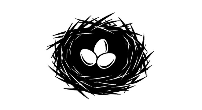 Minimal black silhouette icon, simple flat vector, bold black shape, no, no shading bird nest with three eggs on a, flat icon style