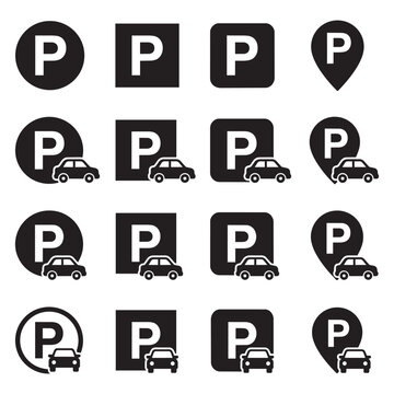 Set of parking icons with letter p and car symbols in various shapes and styles vector design.