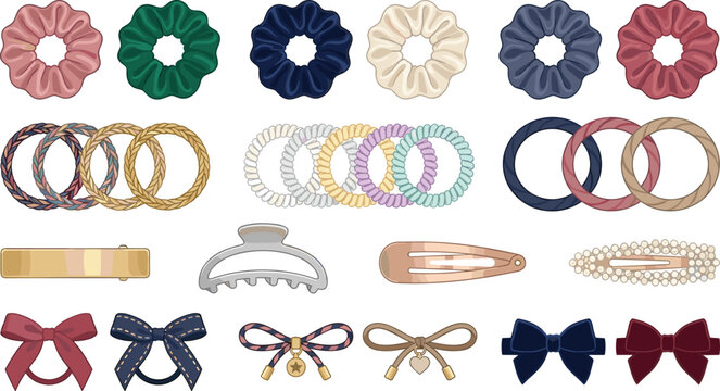 Hair Accessories Vector Set with Fabric Scrunchies, Spiral Ties, Barrettes, Claw Clips, and Fashion Bows for Beauty and Styling Designs