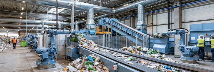 Fototapeta premium Modern waste management facility with robotic arms sorting trash efficiently.