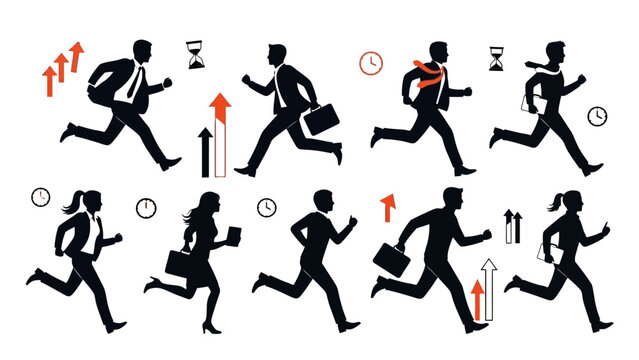 Silhouettes of business people, men and women, running forward with briefcases, surrounded by time and growth icons, depicting business urgency and development on an isolated white background.