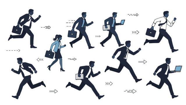 Diverse group of business people, men and women, running forward with briefcases and laptops, in a bright studio with speed lines, dynamic concept of career pursuit.