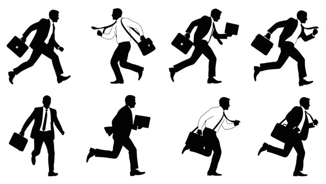 Dynamic collection of running businessmen silhouettes carrying briefcases, depicting fast-paced corporate life on an isolated white background.