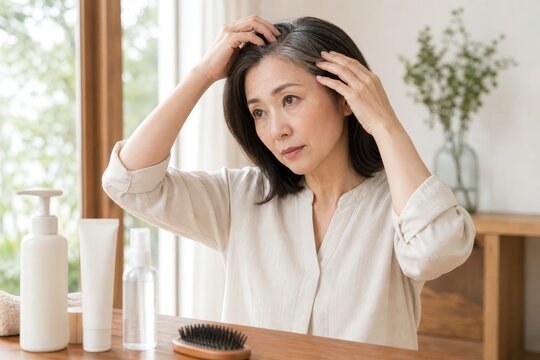 白髪染め前に根元を確認する大人女性