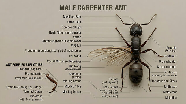 Male Carpenter Ant Anatomy Diagram With Detailed Labeled Parts  