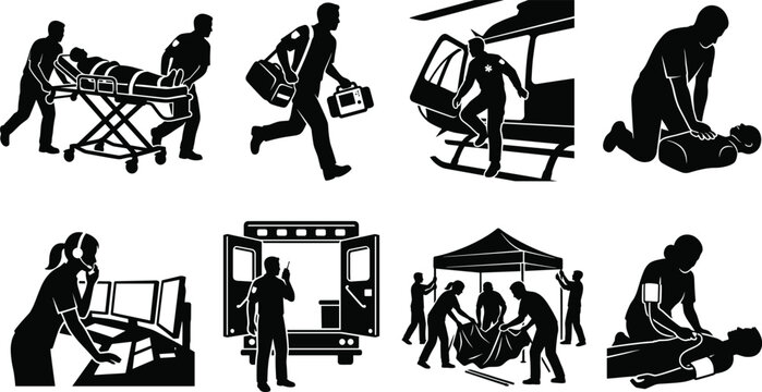 Collection of professional emergency medical services and paramedic team silhouettes, first aid, rescue operations, and healthcare icons