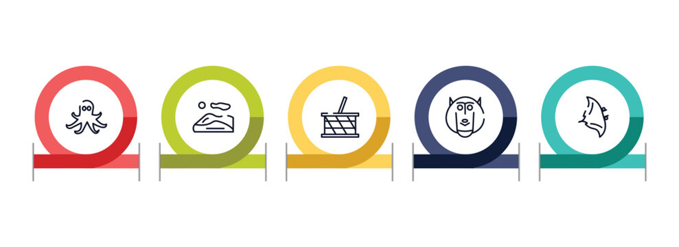 wildlife outline icon set featuring octopus, dunes, picnic basket, baboon icons.