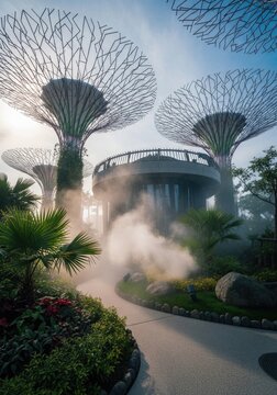 Gardens by the bay singapore supertrees and cloud forest mist in morning light