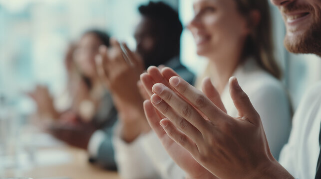 Business team applauding during successful meeting, close-up of professional hands clapping in modern office, corporate achievement, teamwork, presentation, leadership, success and