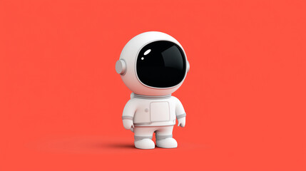 Fototapeta premium Cute astronaut character on bright coral red background, minimal space illustration with white spacesuit and black helmet visor, futuristic exploration, child friendly science conc
