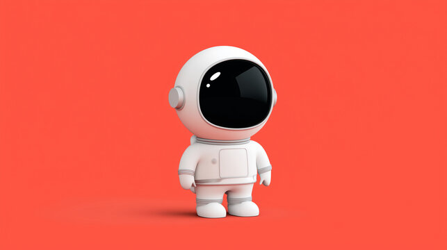 Cute astronaut character on bright coral red background, minimal space illustration with white spacesuit and black helmet visor, futuristic exploration, child friendly science conc