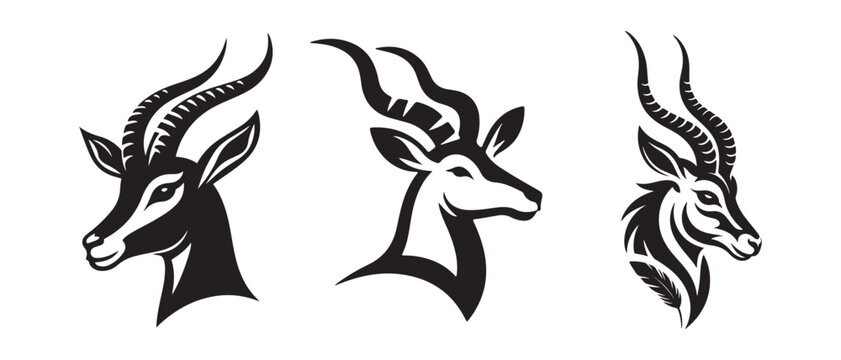 Antelope and Gazelle Head Silhouettes, Wild Safari Animal Vector Illustration, Elegant Horned Wildlife Set
