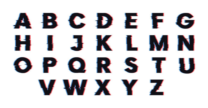 Full english alphabet letters with digital chromatic aberration effect for modern futuristic typography and design.